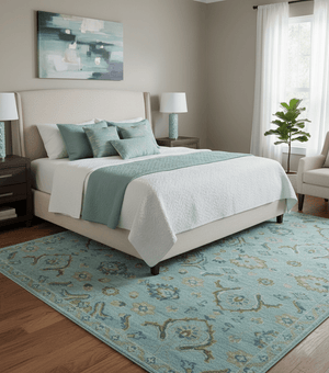 Custom Made Blue And Olive Traditional Oriental Design Hand knotted Wool Area Rug