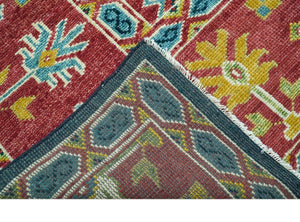 Custom Made Blue And Red Traditional Tribal Design Hand Knotted Wool Rug