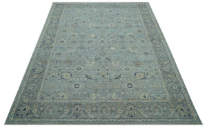 Custom Made Blue Traditional distressed design Hand knotted Wool Area Rug