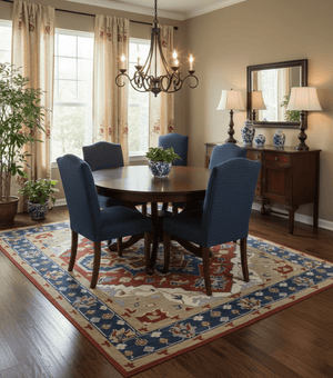 Custom Made Brown, Blue, Ivory and Olive Traditional Heriz Medallion Wool Area Rug