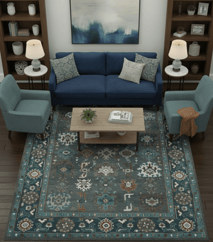 Custom Made Charcoal and Teal Hand knotted Traditional Oushak wool area rug