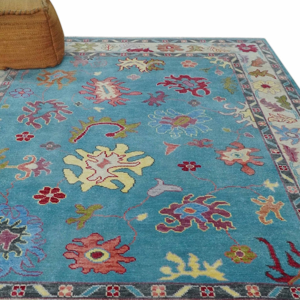 Custom Made Colorful Blue and Beige Hand knotted Traditional Oushak wool Area Rug