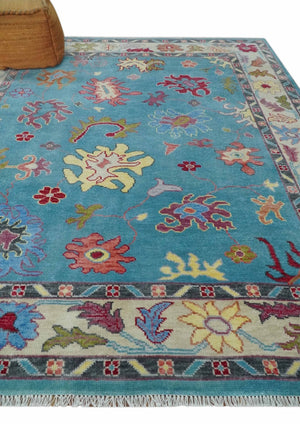 Custom Made Colorful Blue and Beige Hand knotted Traditional Oushak wool Area Rug