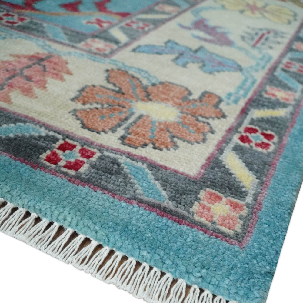 Custom Made Colorful Blue and Beige Hand knotted Traditional Oushak wool Area Rug