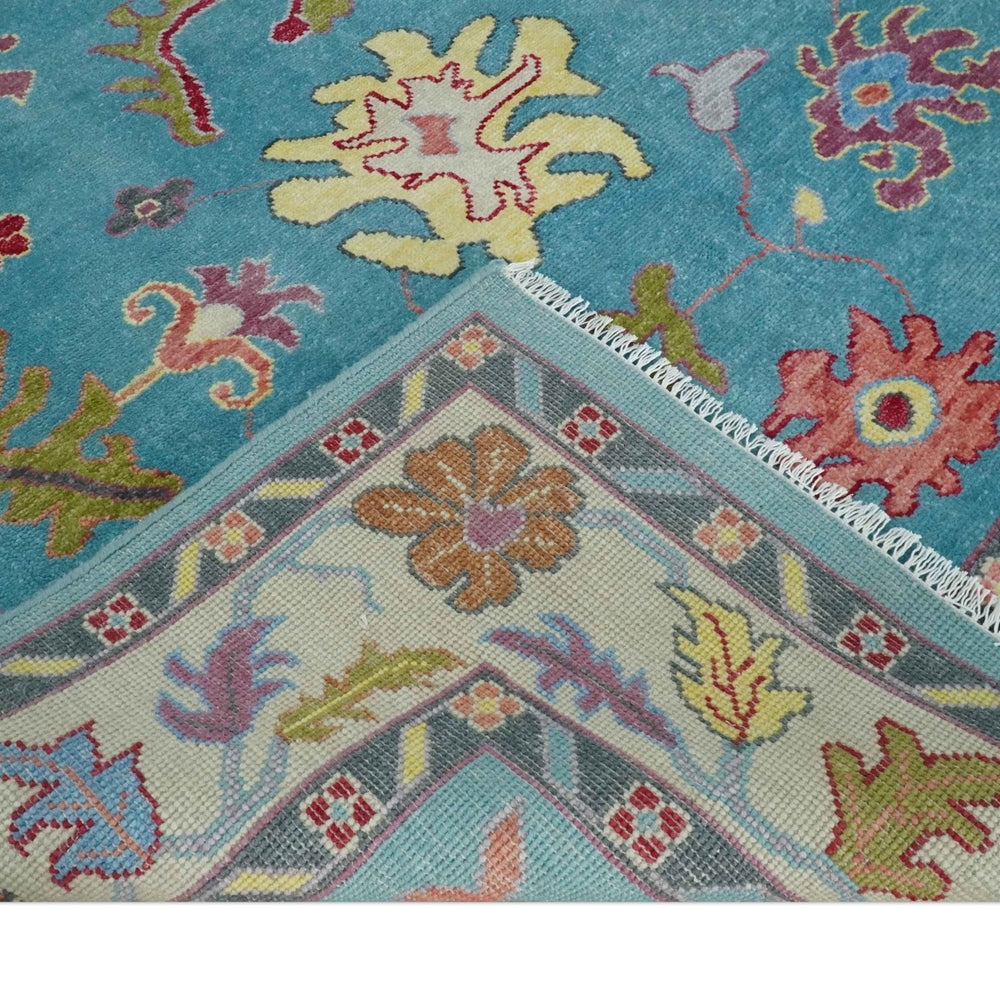 Custom Made Colorful Blue and Beige Hand knotted Traditional Oushak wool Area Rug