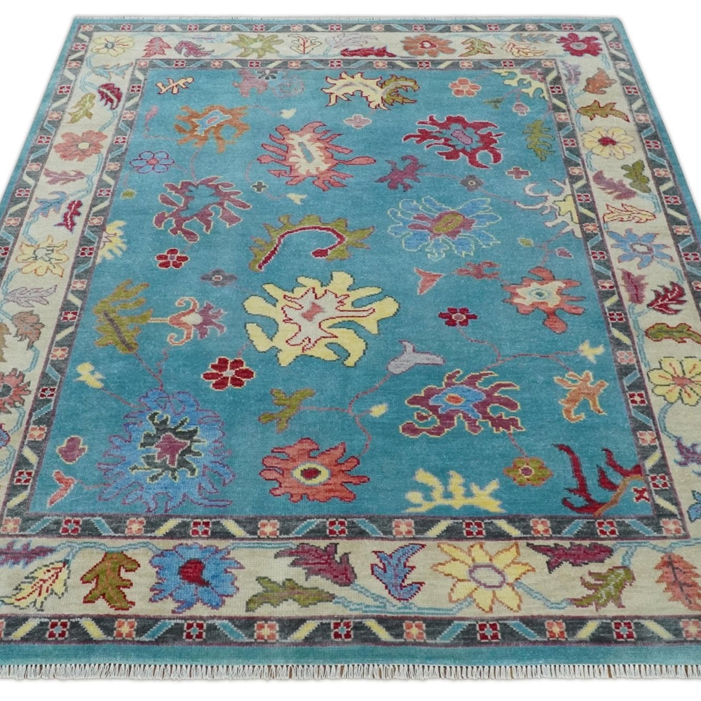 Custom Made Colorful Blue and Beige Hand knotted Traditional Oushak wool Area Rug