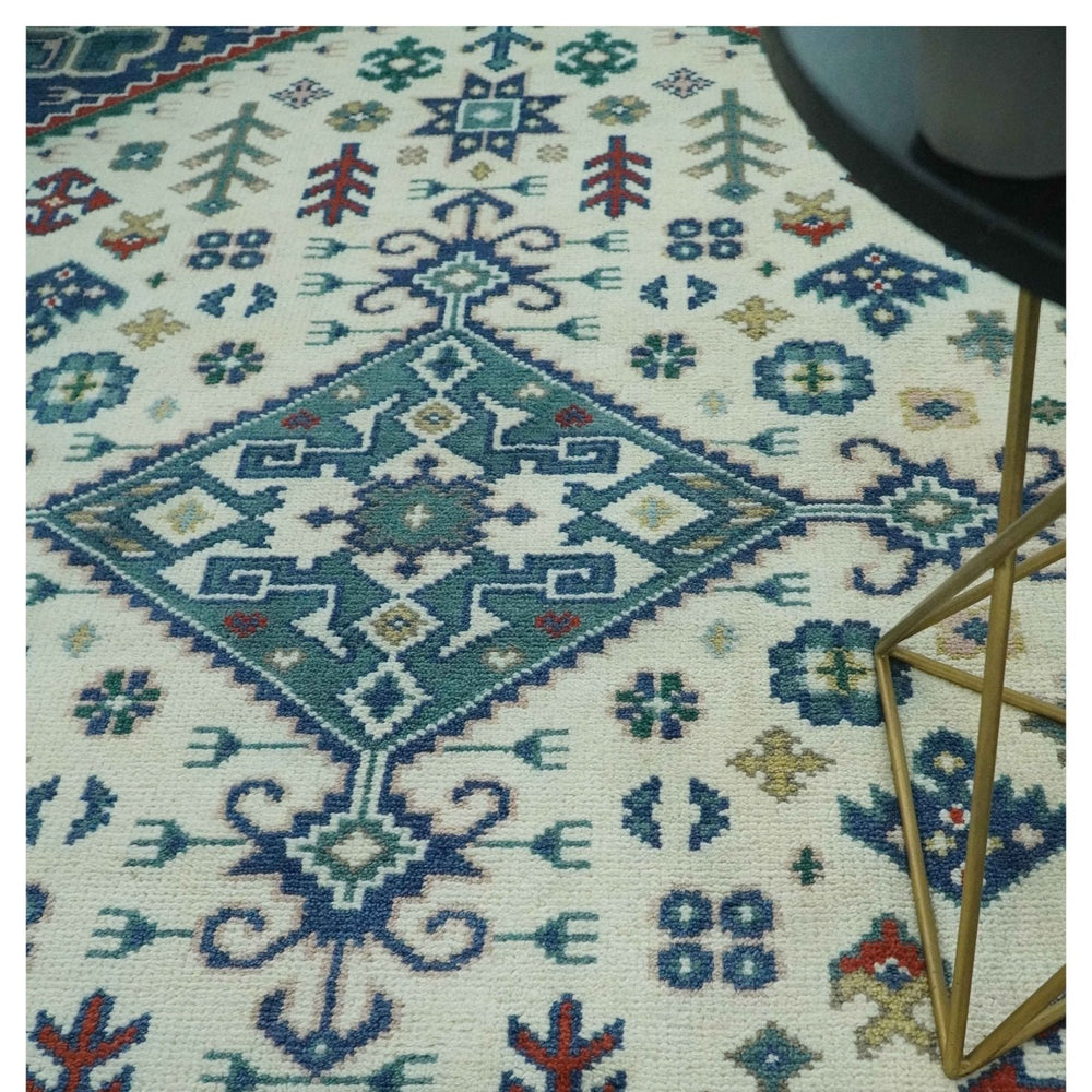 Custom Made Colorful Ivory, Blue, Brown and Teal Hand Knotted Traditional Heriz size wool Area Rug