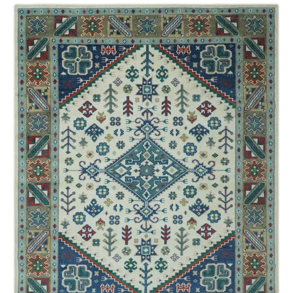 Custom Made Colorful Ivory, Blue, Brown and Teal Hand Knotted Traditional Heriz size wool Area Rug