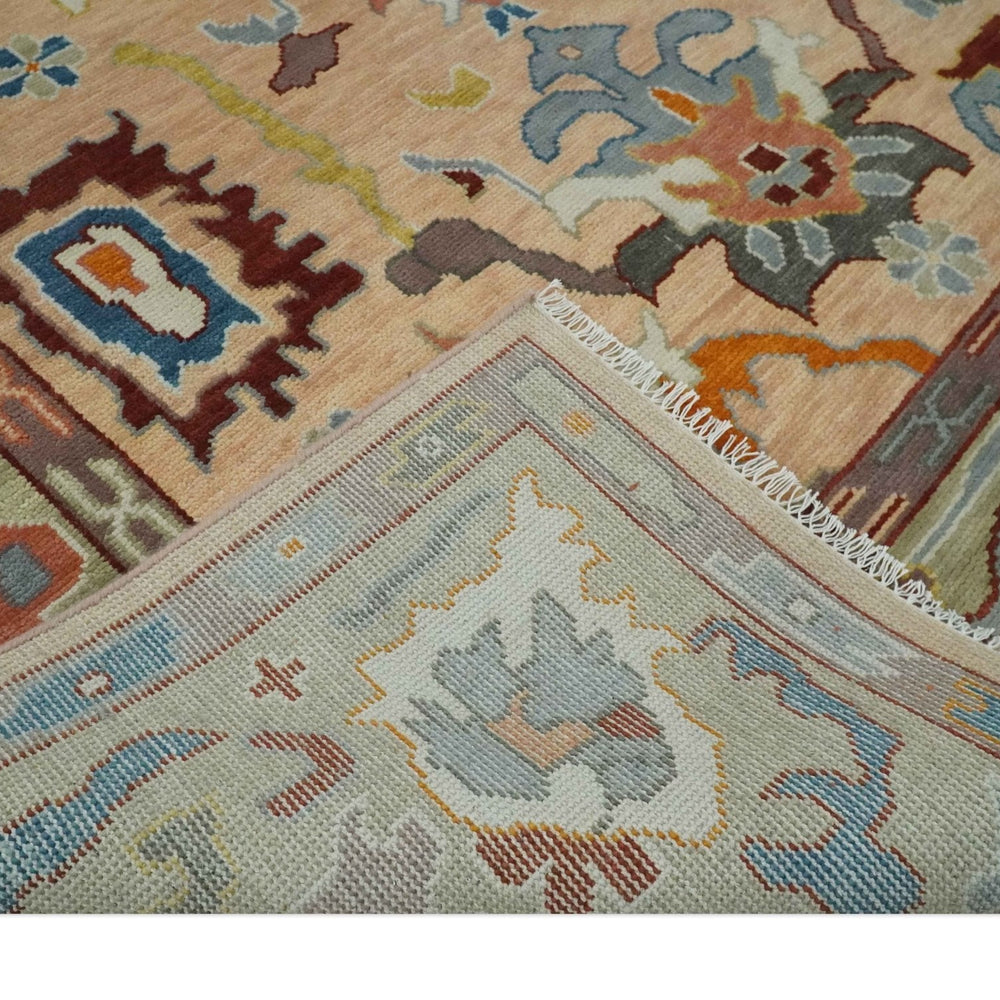 Custom Made Colorful Peach and Green Hand knotted Oushak wool Area Rug