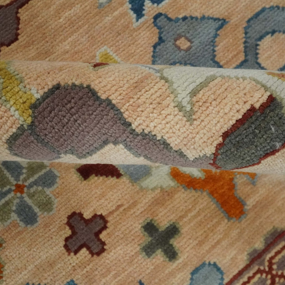 Custom Made Colorful Peach and Green Hand knotted Oushak wool Area Rug