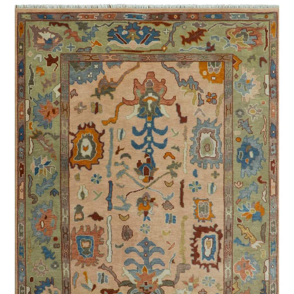 Custom Made Colorful Peach and Green Hand knotted Oushak wool Area Rug