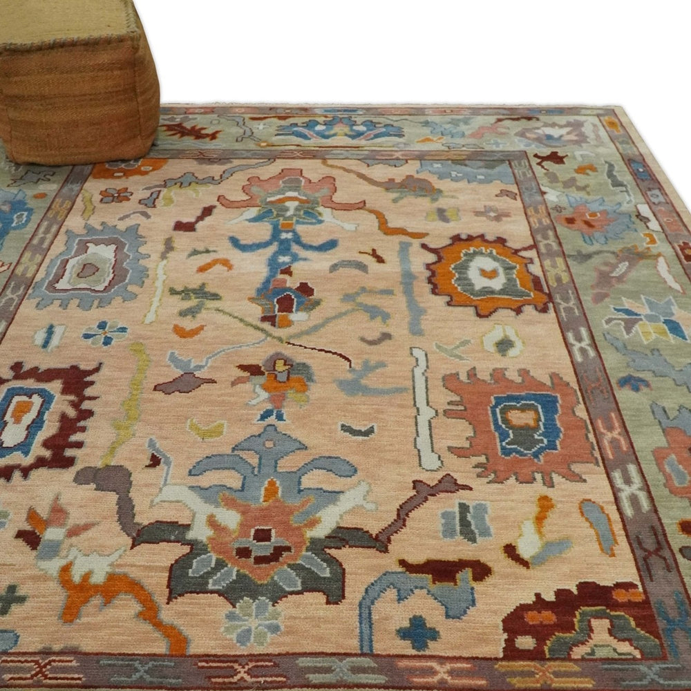 Custom Made Colorful Peach and Green Hand knotted Oushak wool Area Rug