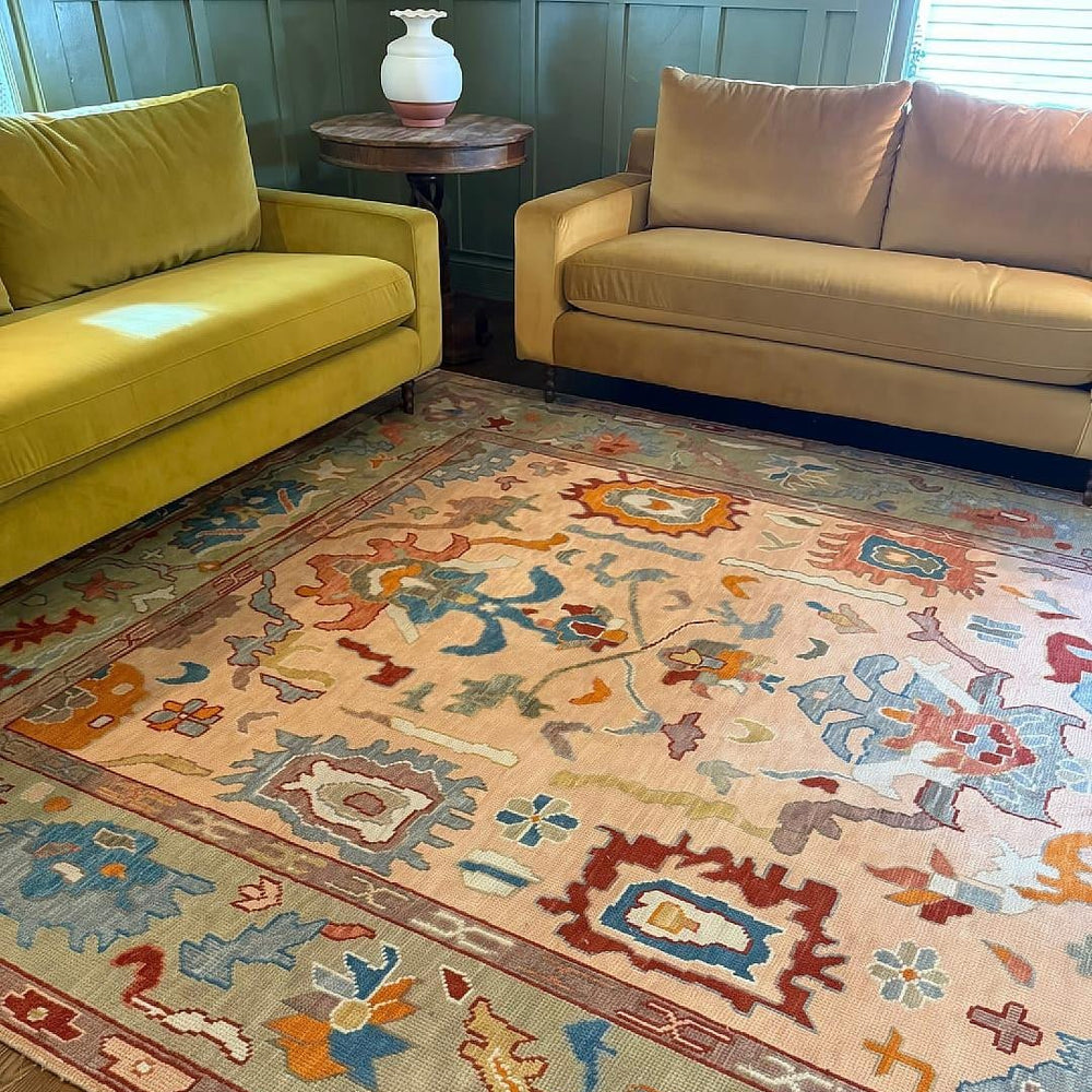 Custom Made Colorful Peach and Green Hand knotted Oushak wool Area Rug