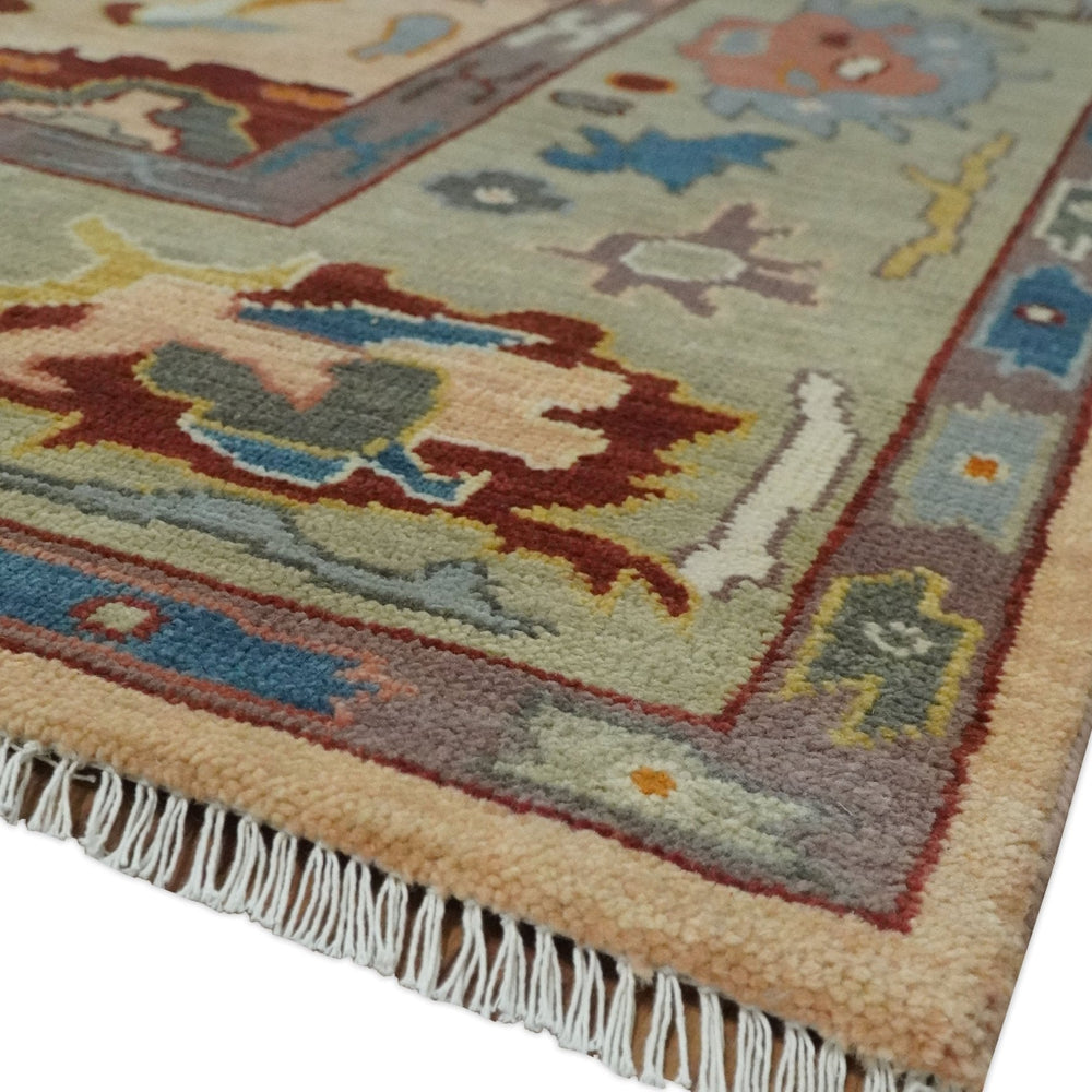 Custom Made Colorful Peach and Green Hand knotted Oushak wool Area Rug