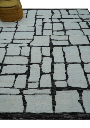 Custom Made Contemporary Ivory And Dark Brown Hand Knotted Wool Rug