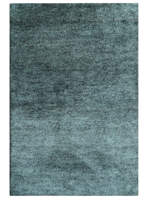 Custom Made Contemporary Solid Plush Steel Blue Hand Knotted Wool Rug