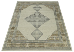 Custom Made Earthy Hand Knotted Ivory, Charcoal and Beige Wool Area Rug