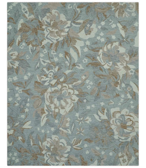 Custom Made Elegant Blue, Ivory and Olive Floral Design Hand Tufted wool Rug