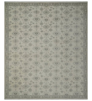 Custom Made Fine Hand Knotted Ivory and Charcoal Style Hand knotted Wool Area Rug
