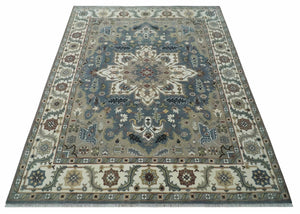 Custom Made Fine Knots Hand Knotted Ivory, Taupe and Olive Traditional Wool Rug