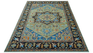 Custom Made Green And Blue Traditional Heriz Hand Knotted Wool Rug