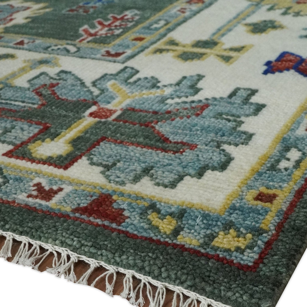 Custom Made Green and Ivory Colorful Hand knotted Traditional Oushak wool Area Rug