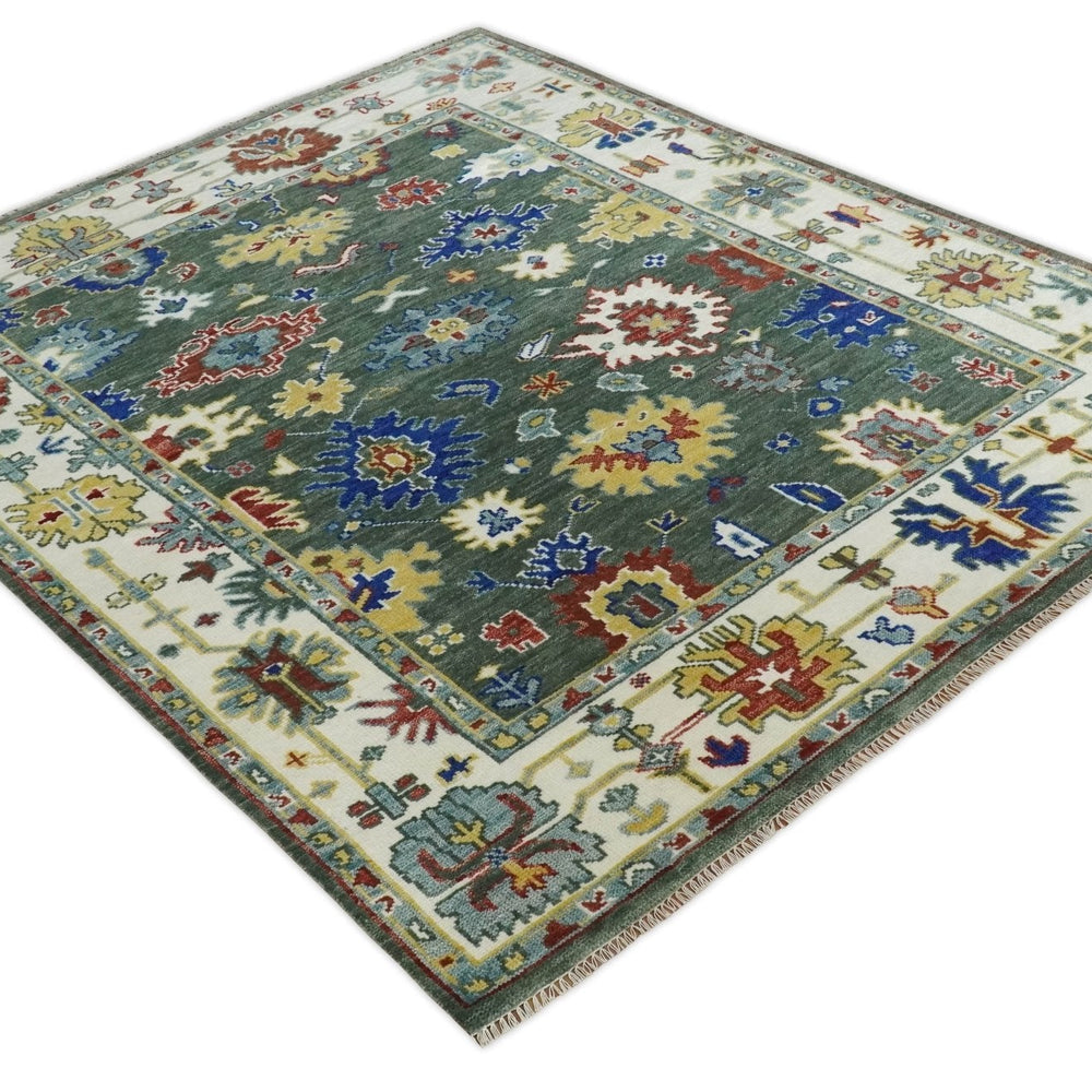 Custom Made Green and Ivory Colorful Hand knotted Traditional Oushak wool Area Rug