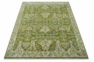 Custom Made Green and Ivory Traditional Dragon Oushak Design Hand knotted wool rug