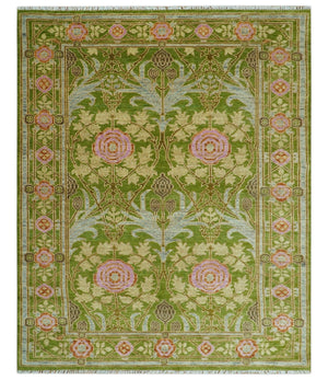 Custom Made Green And Pink Traditional Donegal Design Hand Knotted wool area rug