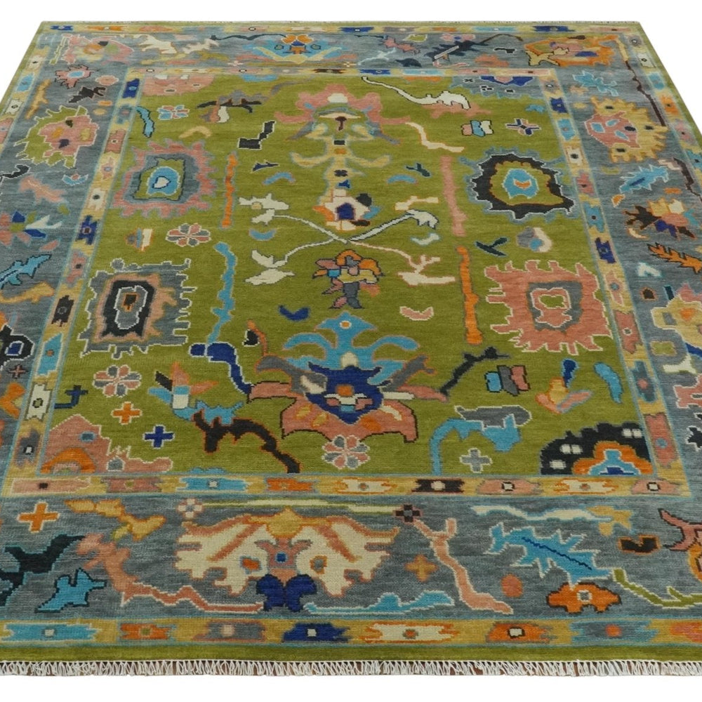 Custom Made Green, Gray and Peach Colorful Hand knotted Traditional Oushak wool Area Rug