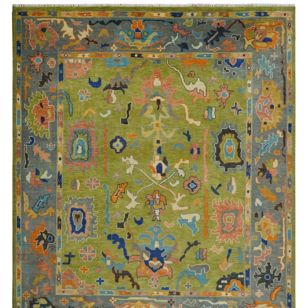 Custom Made Green, Gray and Peach Colorful Hand knotted Traditional Oushak wool Area Rug