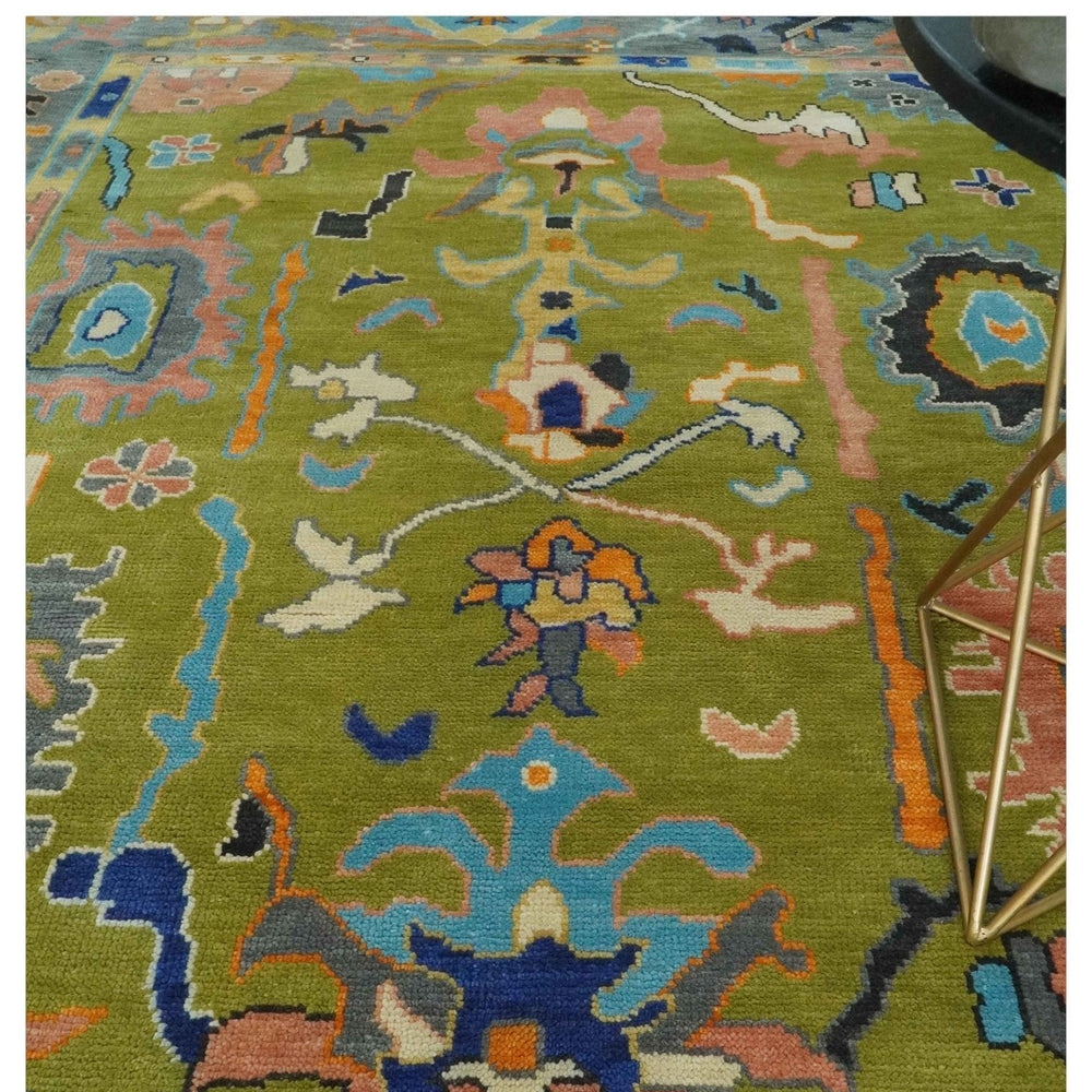 Custom Made Green, Gray and Peach Colorful Hand knotted Traditional Oushak wool Area Rug