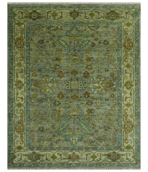Custom Made Green Hand Knotted Antique Design Traditional Oushak wool area rug