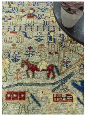 Custom Made Greenish Beige, Rust And Blue Folk Art Hand Knotted Wool Area Rug