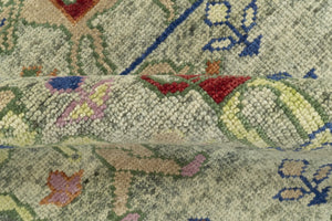 Custom Made Greenish Beige, Rust And Blue Folk Art Hand Knotted Wool Area Rug