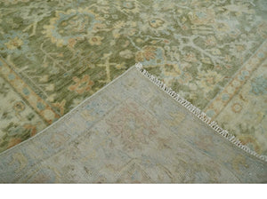 Custom Made Hand Knotted Antique Finish Green, Aqua and Beige Traditional Wool Rug