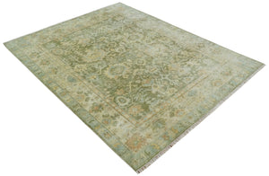 Custom Made Hand Knotted Antique Finish Green, Aqua and Beige Traditional Wool Rug