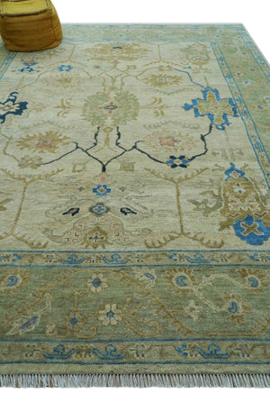 Custom Made Hand Knotted Beige and Blue Traditional Turkish Wool Rug