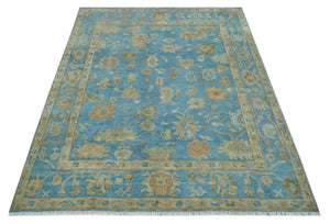 Custom Made Hand knotted Blue and Beige Traditional Oushak Wool Area Rug