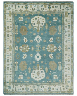 Custom Made Hand Knotted Blue, Ivory and Beige Traditional Oushak Wool Rug