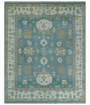 Custom Made Hand Knotted Blue, Ivory and Beige Traditional Oushak Wool Rug