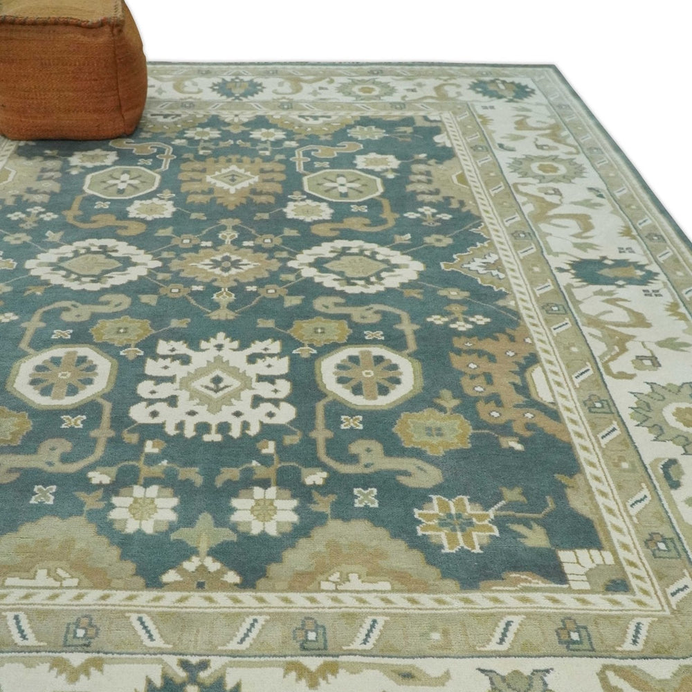 Custom Made Hand Knotted Dark Teal, Ivory and Beige Traditional Multi Size Oushak Wool Rug