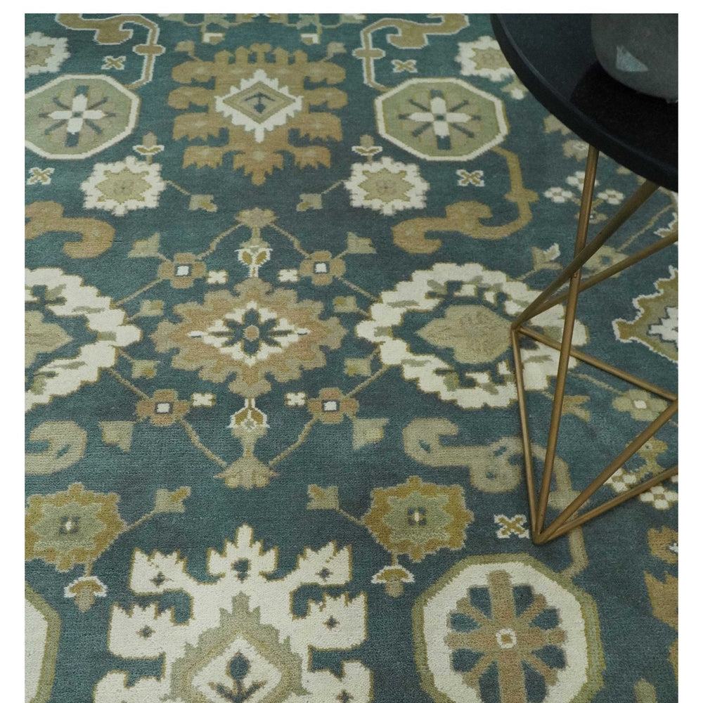 Custom Made Hand Knotted Dark Teal, Ivory and Beige Traditional Multi Size Oushak Wool Rug