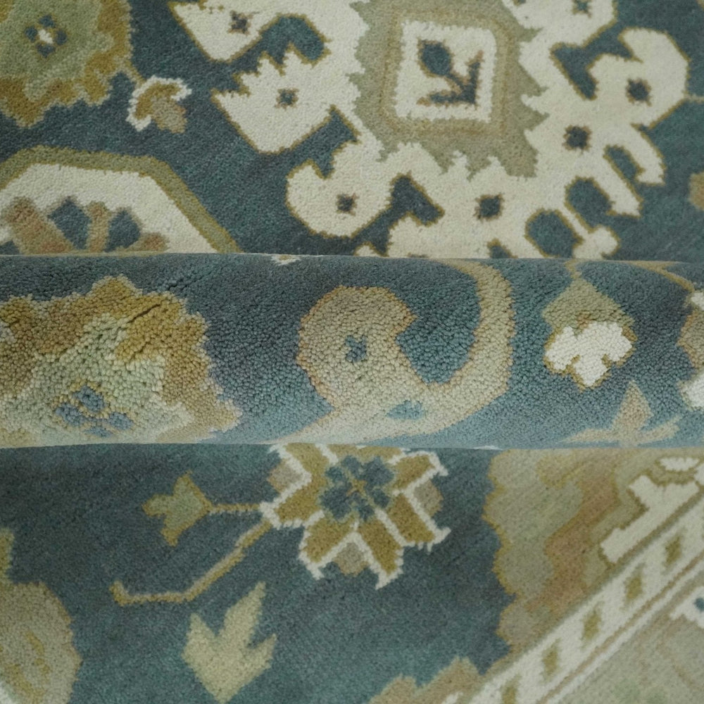 Custom Made Hand Knotted Dark Teal, Ivory and Beige Traditional Multi Size Oushak Wool Rug