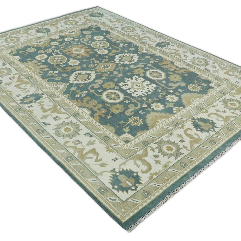 Custom Made Hand Knotted Dark Teal, Ivory and Beige Traditional Multi Size Oushak Wool Rug