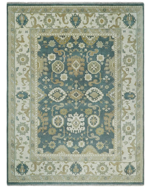 Custom Made Hand Knotted Dark Teal, Ivory and Beige Traditional Multi Size Oushak Wool Rug