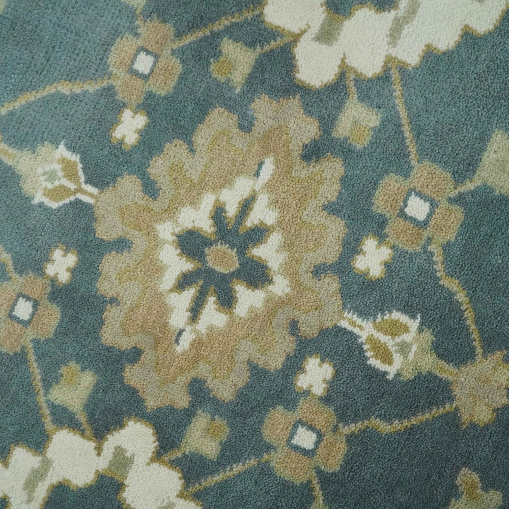 Custom Made Hand Knotted Dark Teal, Ivory and Beige Traditional Multi Size Oushak Wool Rug