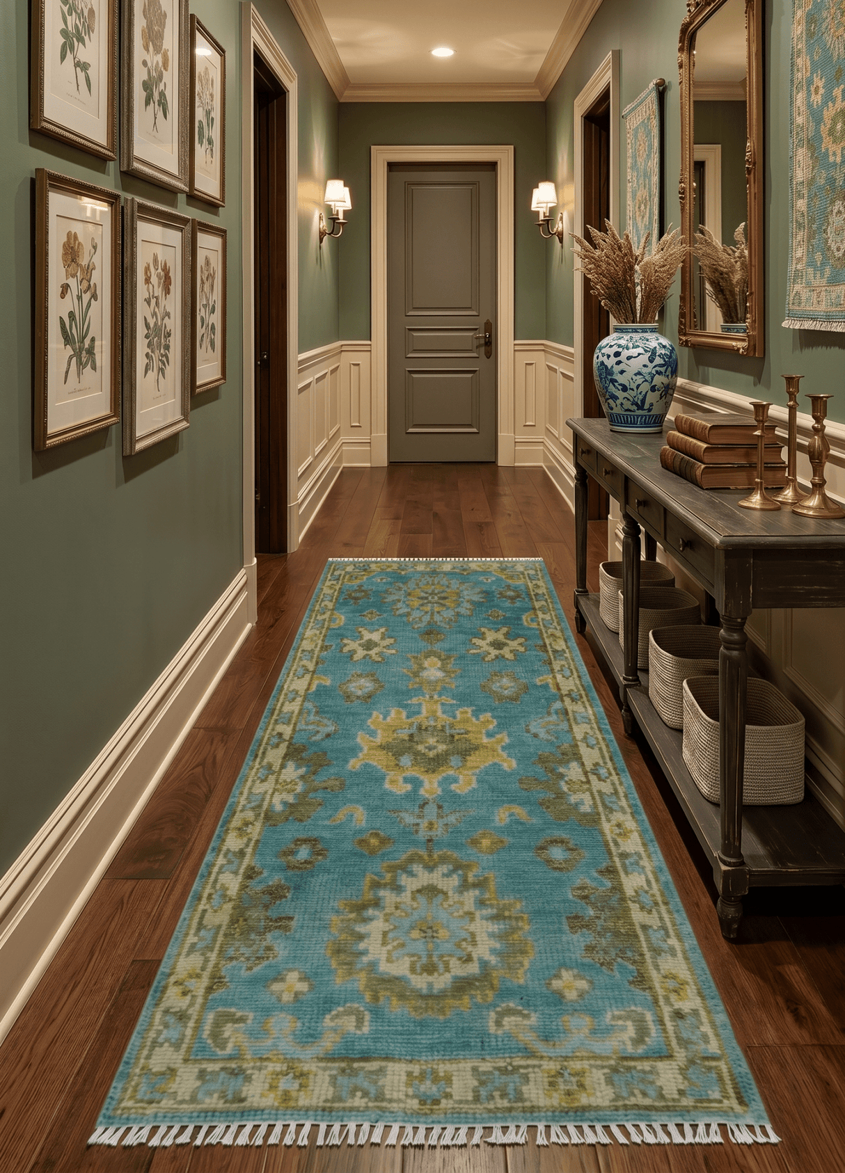 Custom Made Hand Knotted Green And Blue Oushak Runner Wool Rug