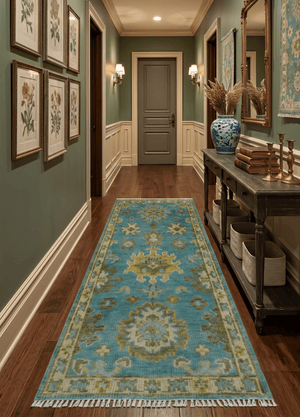 Custom Made Hand Knotted Green And Blue Oushak Runner Wool Rug