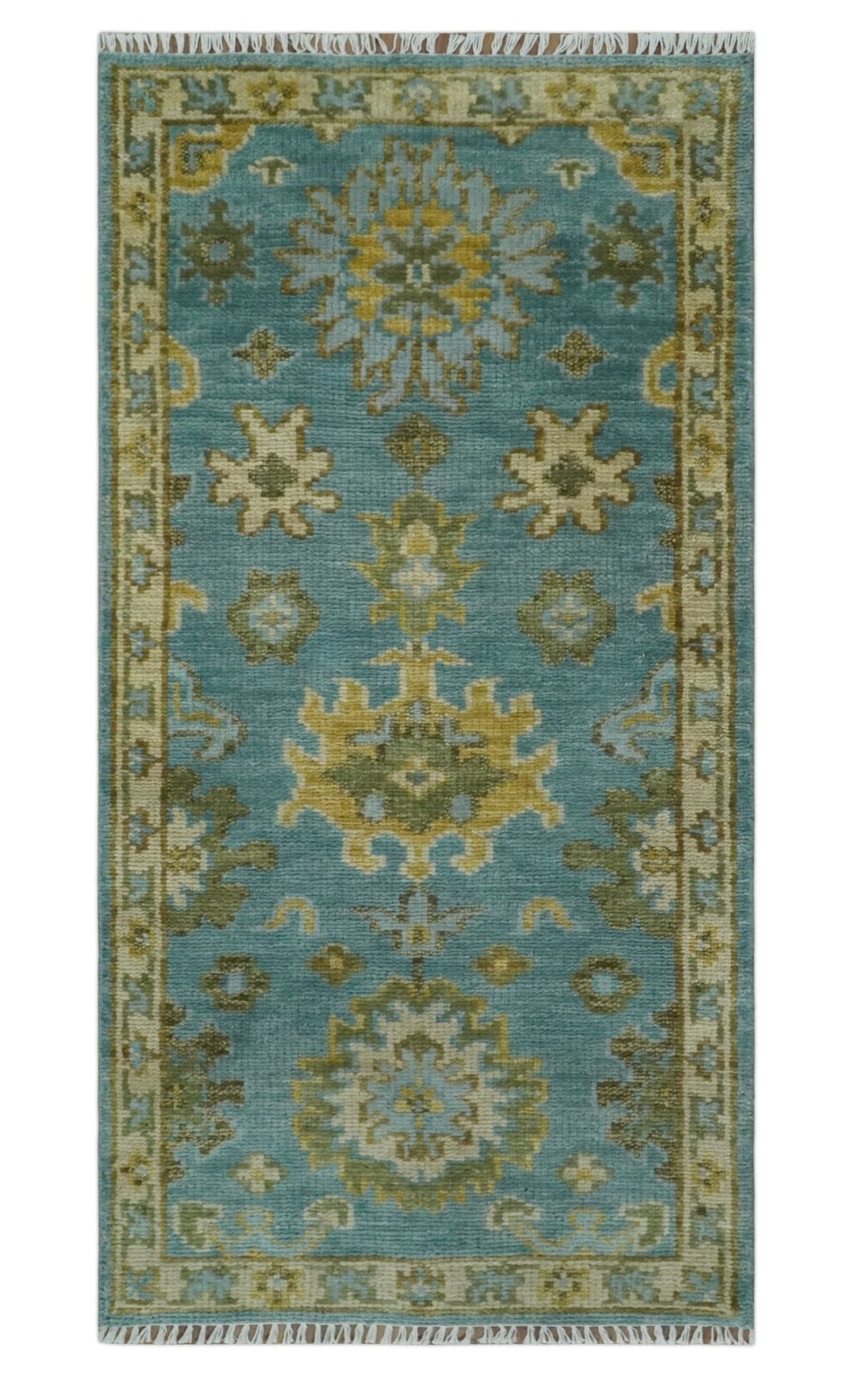 Custom Made Hand Knotted Green And Blue Oushak Runner Wool Rug
